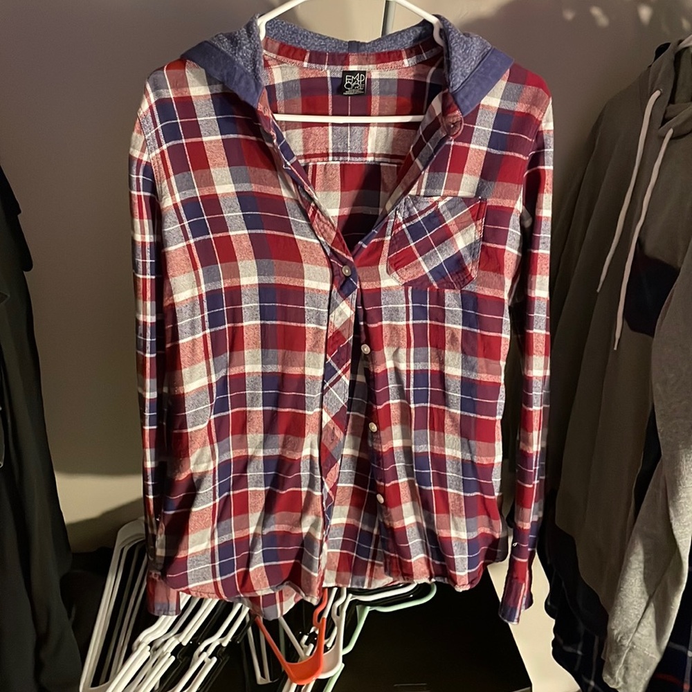 Empyre hooded flannel. Blue/red. Size medium.